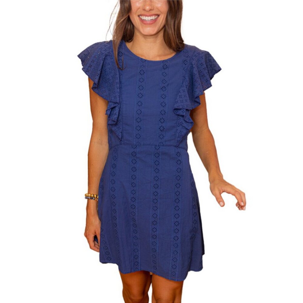 Cabana Life Navy Eyelet Flutter Sleeve Dress Cotton Size S NWT